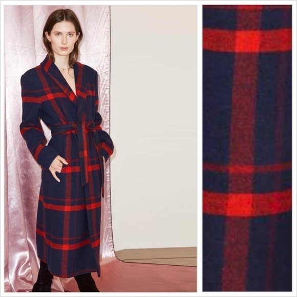 Just Female Munch Navy Red Check Plaid Belted Overcoat Size S NWT $290
